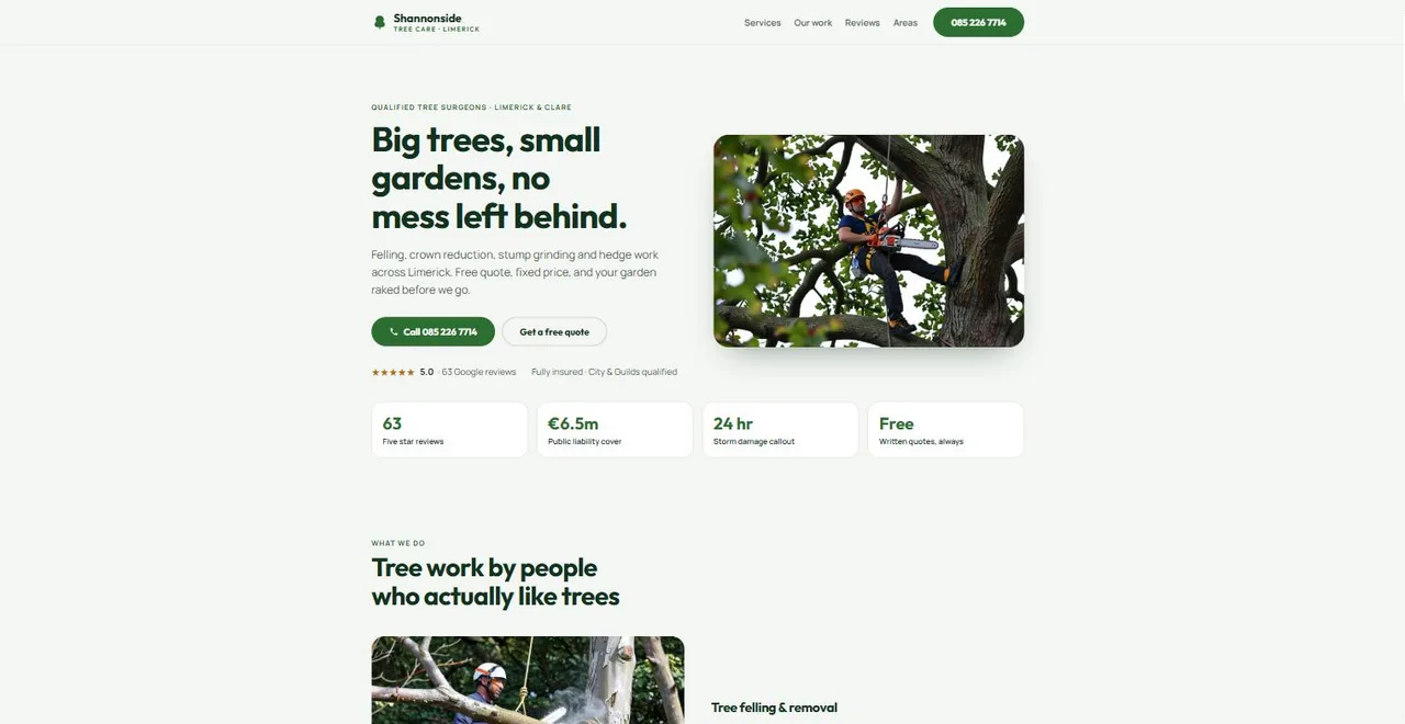 Homepage of the Shannonside Tree Care demo site, headlined “Big trees, small gardens, no mess left behind,” with a photo of a tree surgeon at work.